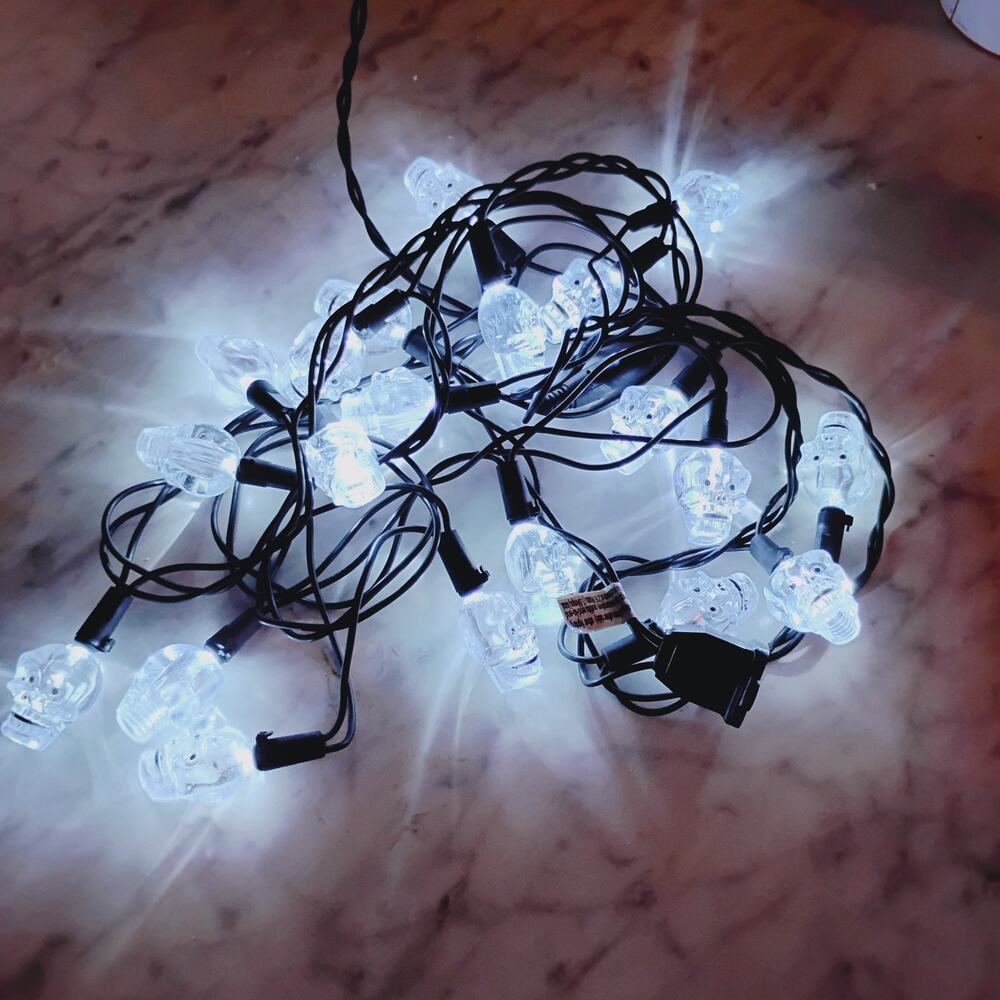 8' Blue Clear Skull Halloween String of Lights One Strand Tested Working Plug In